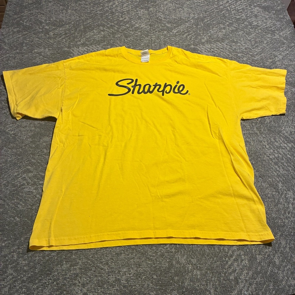 Sharpie Logo T-Shirt Mens 2XL Yellow Black Script Gildan 100% Cotton
